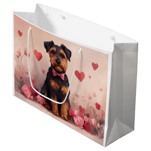 Grand Sac Cadeau Airedale avec des roses - Saint-Valentin (Devant Angle)
