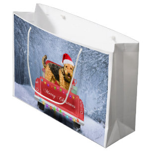 Grand Sac Cadeau Airedale Terrier Chien en Neige assis à Noël