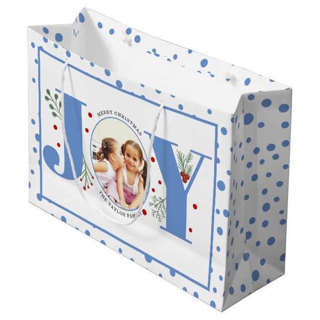 Grand Sac Cadeau Ajouter vos photos bleu JOY et pois (Devant Angle)