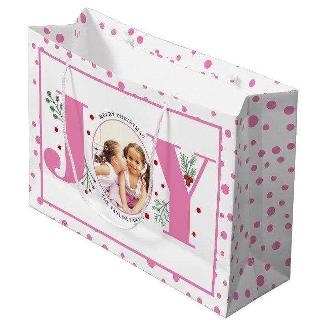Grand Sac Cadeau Ajouter vos photos rose JOY et pois (Devant Angle)