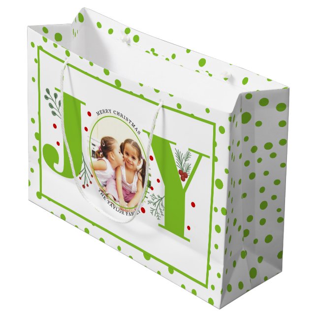 Grand Sac Cadeau Ajoutez vos photos lime green JOY et pois (Devant Angle)