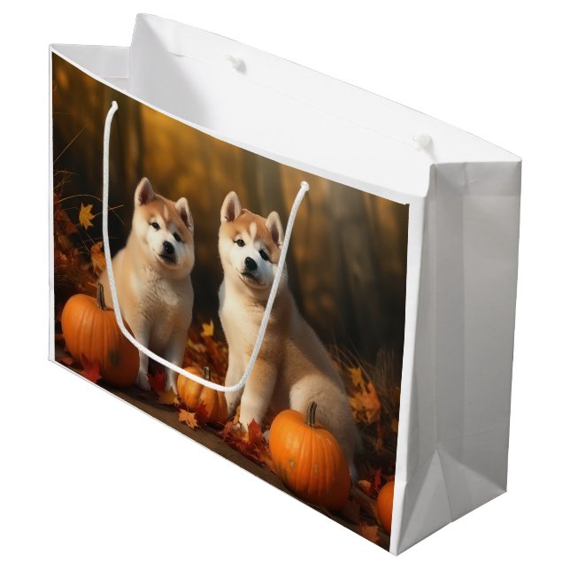 Grand Sac Cadeau Akita Puppy Citrouille d'automne (Devant Angle)