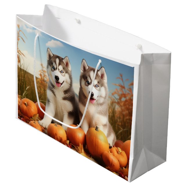 Grand Sac Cadeau Alaskan Malamute Chiot Automne Citrouille délice (Devant Angle)