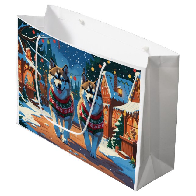 Grand Sac Cadeau Alaskan Malamute Dogs Christmas Snow Holiday  (Devant Angle)
