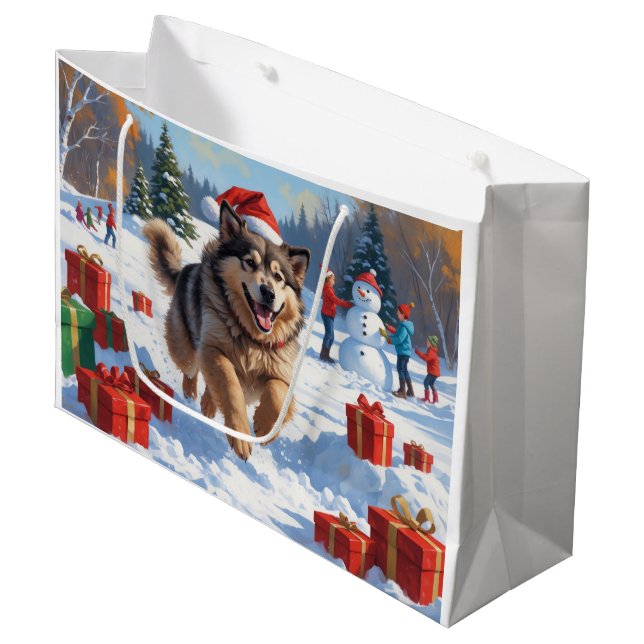 Grand Sac Cadeau Alaskan Malamute Noël Festive Scène de neige (Devant Angle)
