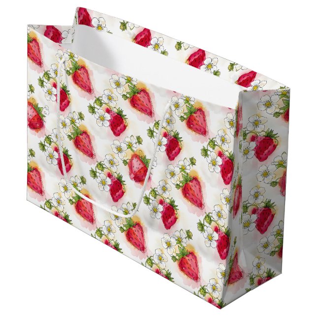 Grand Sac Cadeau Alcohol Ink Style Strawberry Blossoms and Berries  (Devant Angle)