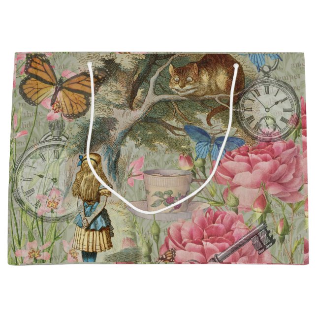 Grand Sac Cadeau Alice Cheshire Chat Wonderland Tree Garden (Devant)