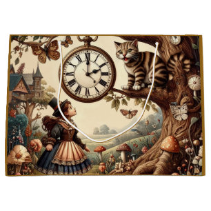 Grand Sac Cadeau Alice et Chat du Cheshire : Fantaisie Merveilleuse