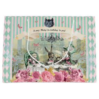 Grand Sac Cadeau Alice Whimsical bleu rayé floral unanniversaire 