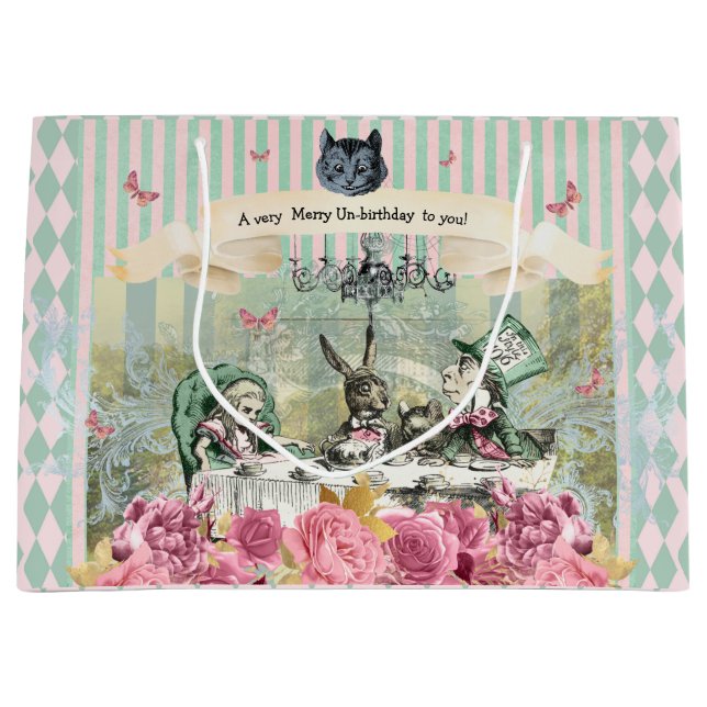 Grand Sac Cadeau Alice Whimsical bleu rayé floral unanniversaire  (Devant)