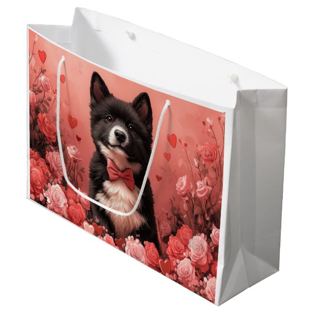 Grand Sac Cadeau American Akita avec Rose - Saint Valentin (Devant Angle)
