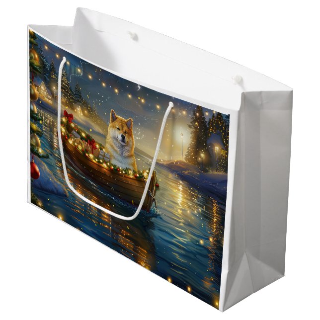 Grand Sac Cadeau American Akita Christmas Festive Voyage (Devant Angle)