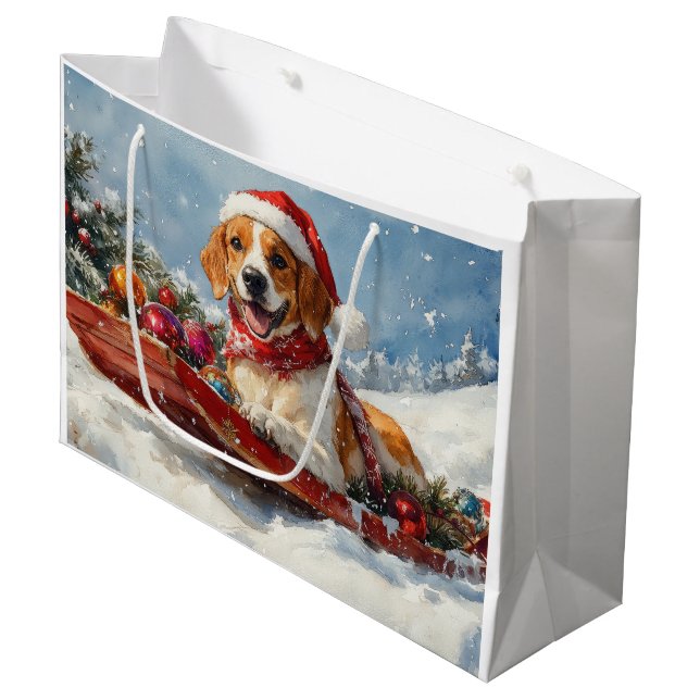Grand Sac Cadeau American English Foxhound dans Sledge Christmas (Devant Angle)