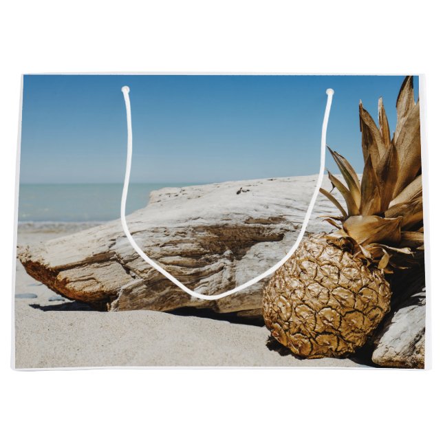 Grand Sac Cadeau Ananas en or sur la plage (Devant)