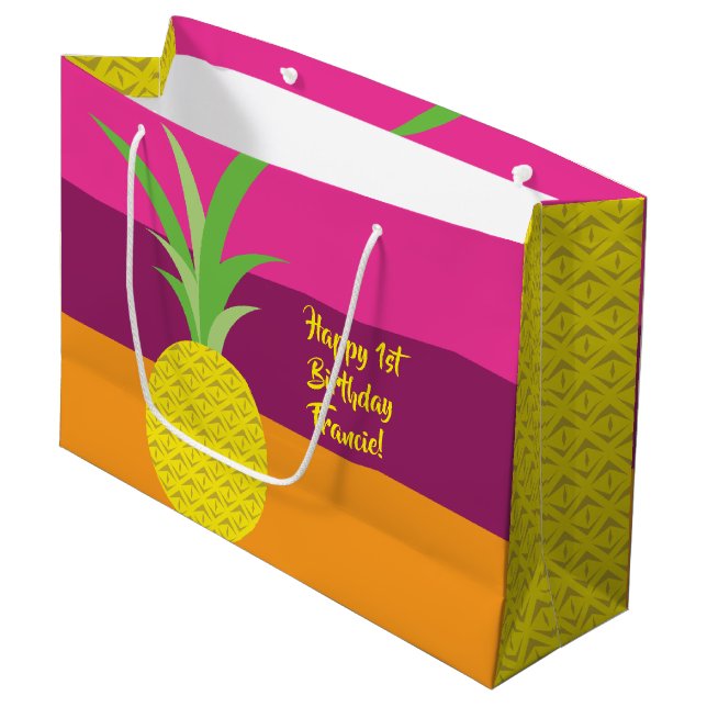 Grand Sac Cadeau Ananas mignonne Été 1er Anniversaire Thème (Devant Angle)
