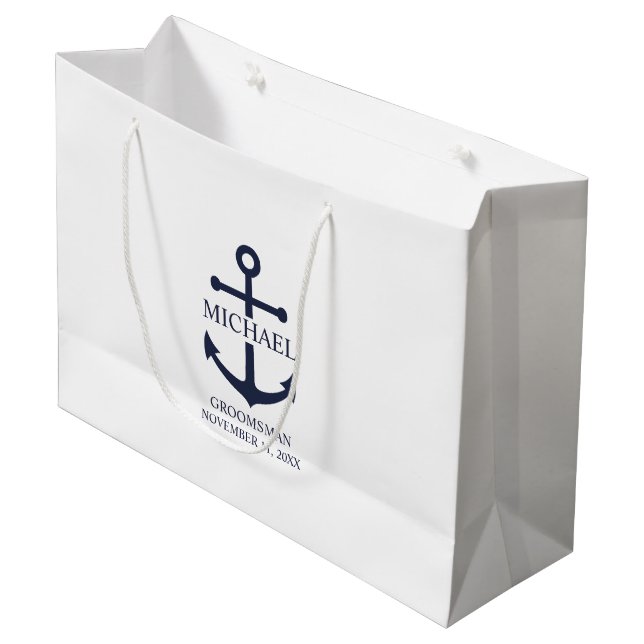 Grand Sac Cadeau Ancre Bleue marine Nautique Groomsmen personnalisé (Devant Angle)