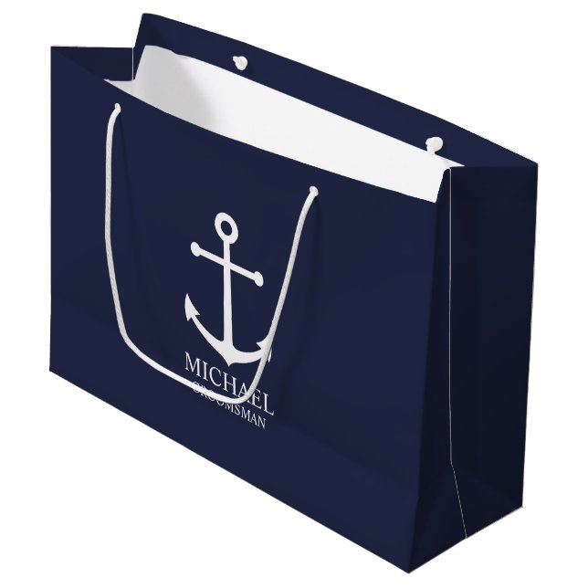 Grand Sac Cadeau Ancre Bleue marine Nautique Groomsmen personnalisé (Devant Angle)