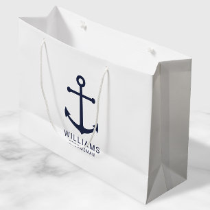Grand Sac Cadeau Ancre Bleue marine Nautique Groomsmen personnalisé