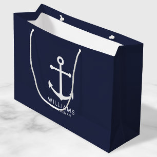 Grand Sac Cadeau Ancre Bleue marine Nautique Groomsmen personnalisé