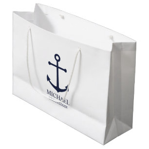 Grand Sac Cadeau Ancre Bleue marine Nautique Groomsmen personnalisé