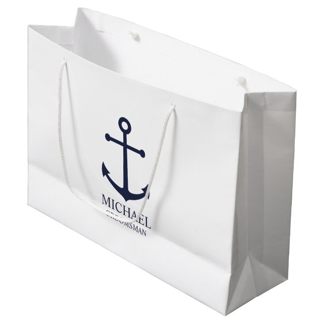 Grand Sac Cadeau Ancre Bleue marine Nautique Groomsmen personnalisé (Devant Angle)