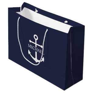 Grand Sac Cadeau Ancre bleue marine Nom personnalisé