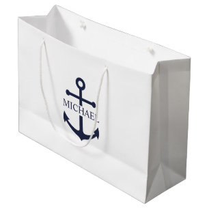 Grand Sac Cadeau Ancre bleue marine Nom personnalisé