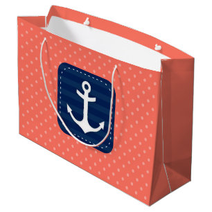 Grand Sac Cadeau Ancre de corail nautique de bleu marine de motif