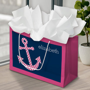 Grand Sac Cadeau Ancre de point rose mignon avec nom personnalisé M