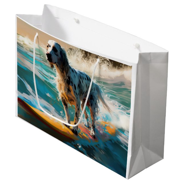 Grand Sac Cadeau Anglais Setter Beach Surfing Painting (Devant Angle)