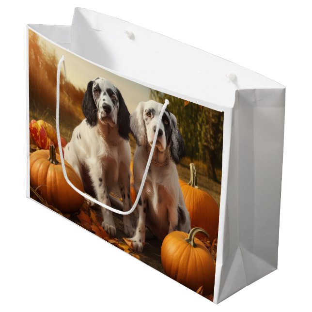 Grand Sac Cadeau Anglais Setter Puppy Automne Citrouille de plaisir (Devant Angle)