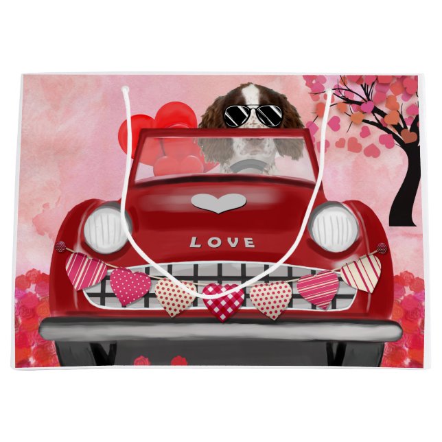 Grand Sac Cadeau Anglais Springer Spaniel Car Hearts Valentine's (Devant)