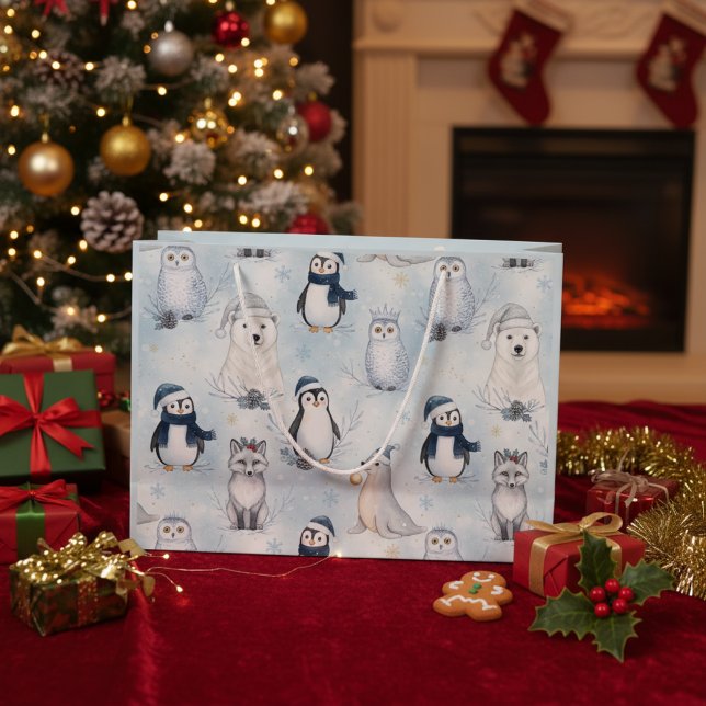 Grand Sac Cadeau Animaux Arctiques d'Hiver Pingouin et Ours Polaire (Créateur téléchargé)
