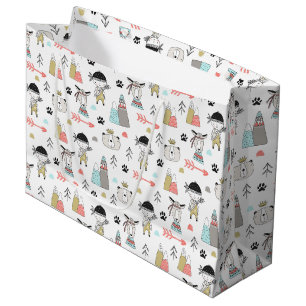 Grand Sac Cadeau Animaux mignons de région boisée et motif indien