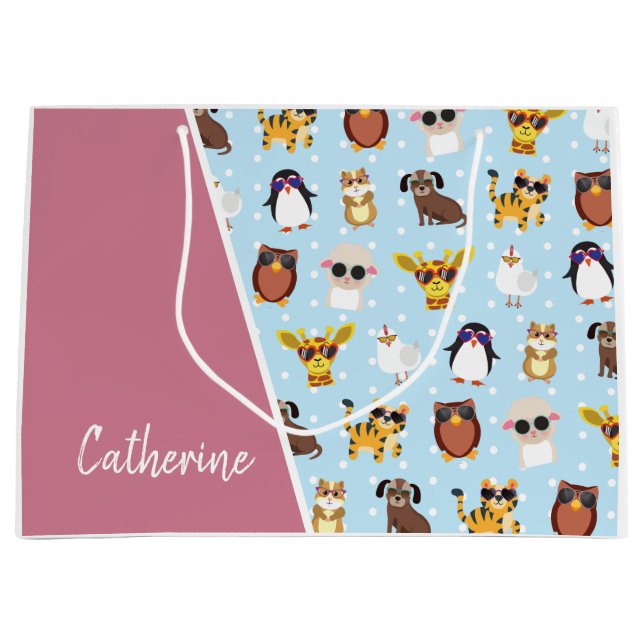 Grand Sac Cadeau Animaux mignons en lunettes de soleil avec nom (Devant)