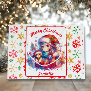Grand Sac Cadeau Anime Girl in Santa Hat Aquarelle Noël
