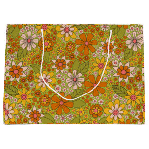 Grand Sac Cadeau Années 1960, 1970 Vert & Orange Retro Floral