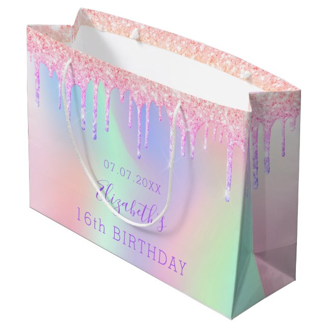 Grand Sac Cadeau Anniversaire arc-en-ciel parties scintillant rose  (Dos Angle)