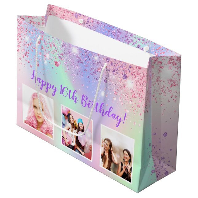 Grand Sac Cadeau Anniversaire arc-en-ciel rose parties scintillant  (Devant Angle)