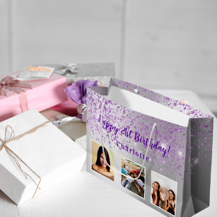 Grand Sac Cadeau Anniversaire argent violet parties scintillant per