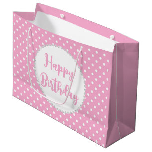 Grand Sac Cadeau Anniversaire Blanc et Rose à pois et diamants