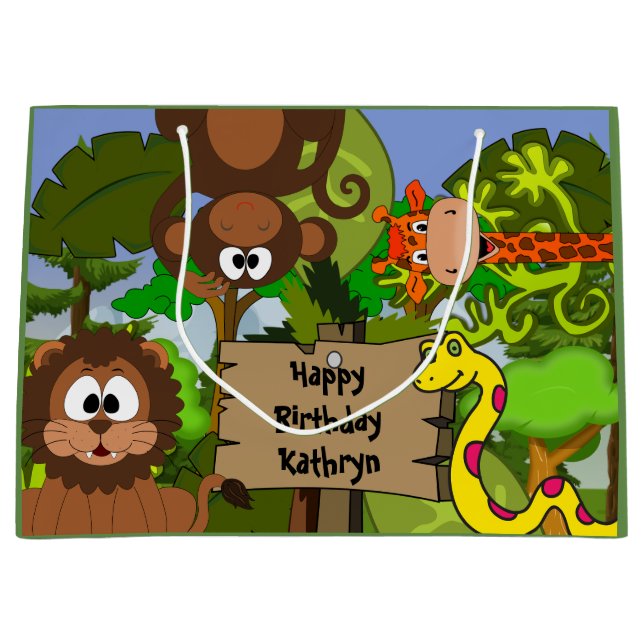 Grand Sac Cadeau Anniversaire de la jungle personnalisée (Devant)