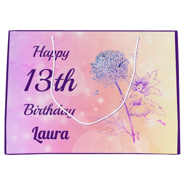 Grand Sac Cadeau Anniversaire de scintillement de fée rose de fleur (Devant)