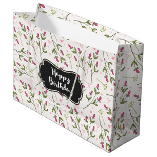 Grand Sac Cadeau Anniversaire des Fleurs sauvages roses et verts