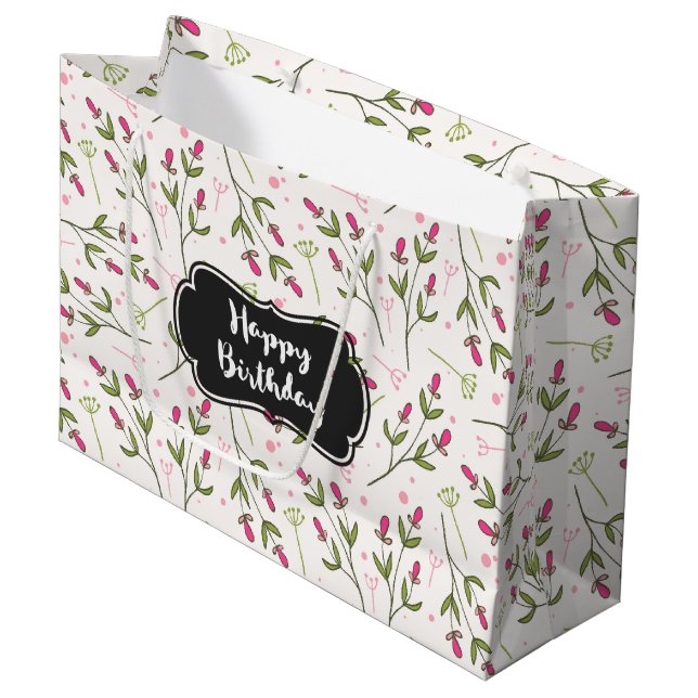 Grand Sac Cadeau Anniversaire des Fleurs sauvages roses et verts (Devant Angle)