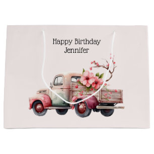 Grand Sac Cadeau Anniversaire du camion Vintage rose