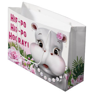 Grand Sac Cadeau Anniversaire Fille Hippopotame Rose Floral