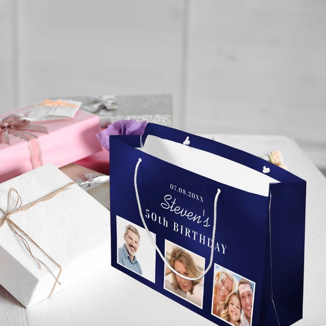 Grand Sac Cadeau Anniversaire marine bleu blanc personnalisé photo  (Créateur téléchargé)