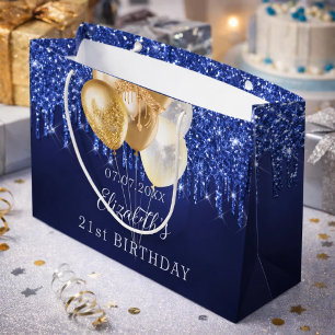Grand Sac Cadeau Anniversaire marine bleu or parties scintillant go