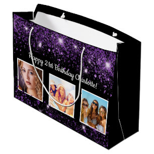 Grand Sac Cadeau Anniversaire noir violet parties scintillant monog